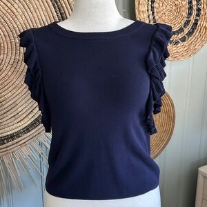 Knitted & Knotted Constance Navy Blue Ruffle Sleeve Pullover Knit Top Size M